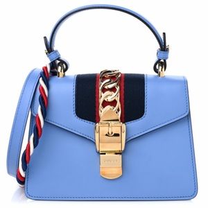 (SOLD)Gucci Vitello Fontanella Web Mini Sylvie Top Handle Bag Clear Sky Blue
